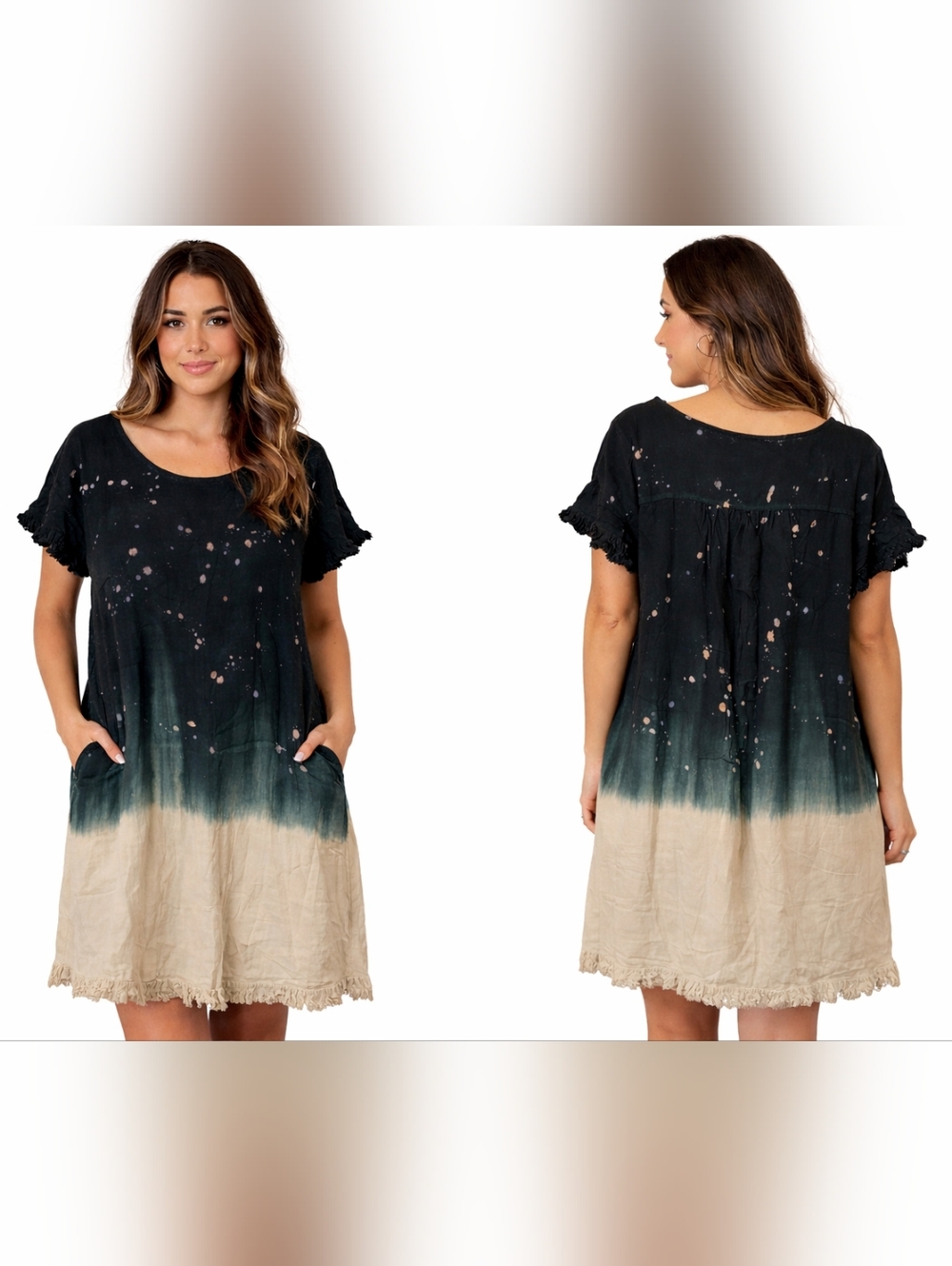 NWT Umgee Linen Blend Dip Dye Dress Small Boho Frayed Hem Pockets